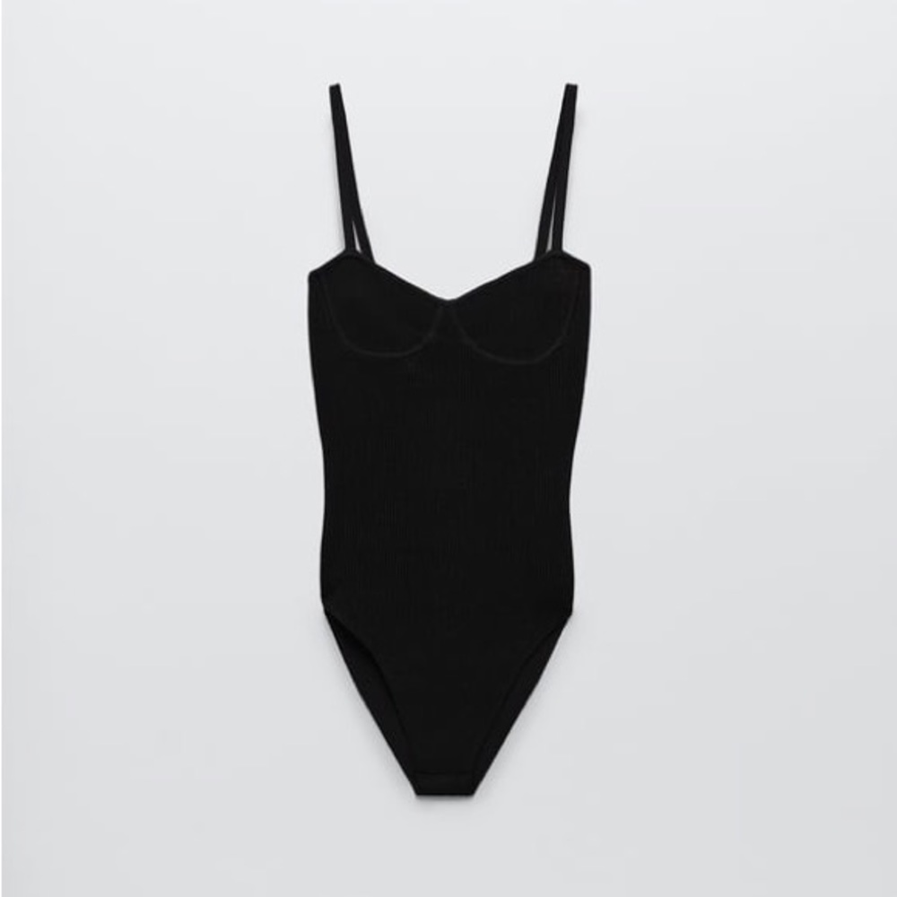 Zara Corset Ribbed Knit Black Bodysuit Size Small with Cupping Detail